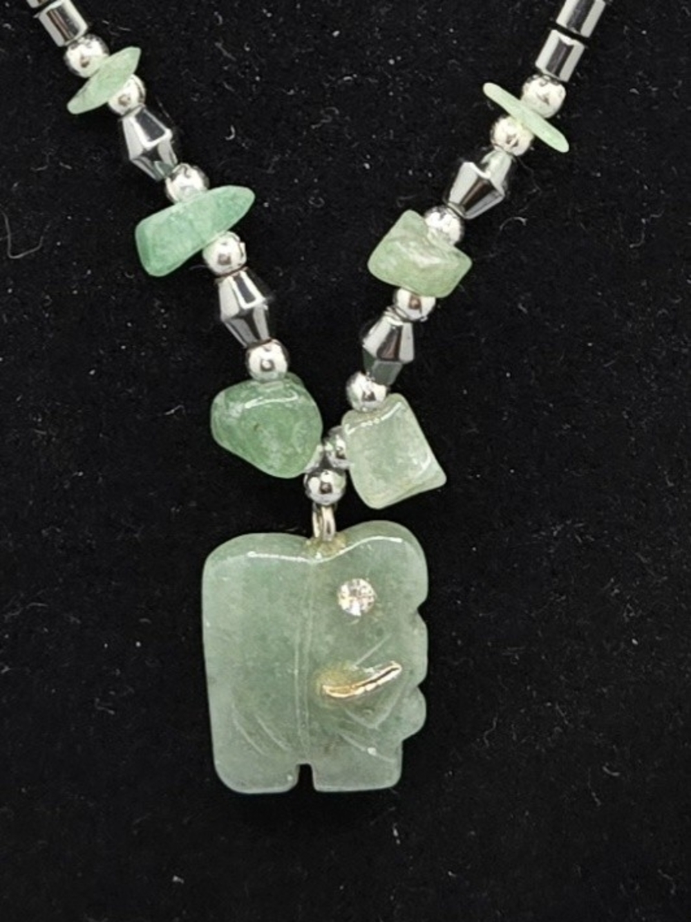 Green Jadeite Carved Elephant & Chips on Hematite Necklace 16"